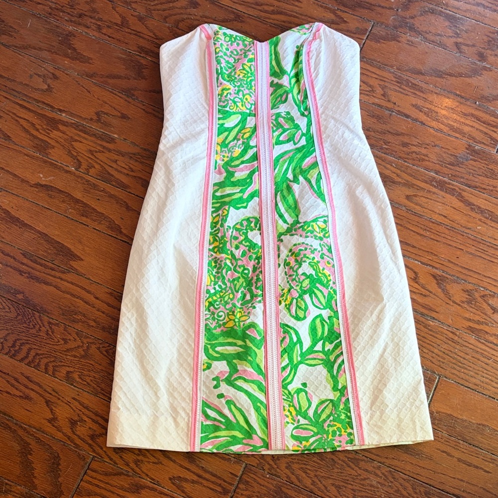 Lilly Pulitzer Strapless White Dress with Green & Pink Floral Panel